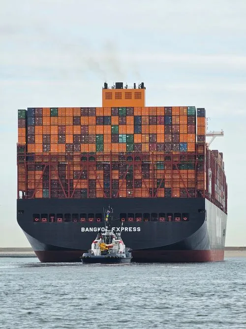 Photograph of a real commercial shipping · container vessel vessel, used for illustration.